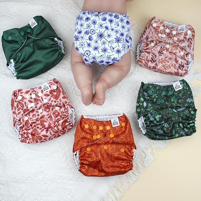 Mama Koala 3.0 Pocket Cloth Diapers for Babies with AWJ Lining, 6 Pack with 6 4-Layer Natural Cloth Diaper Inserts - Reusable and Washable Pocket Diapers(Neutral Leave)