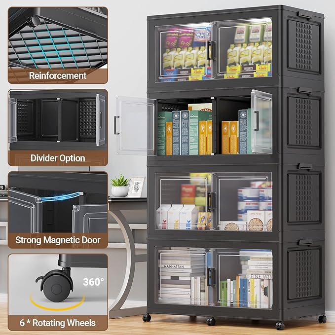 BROVIEW 600Qt Plastic Storage Bins with Lid and Wheels, 3Pack Extra Large Stackable Storage Bins with Dividers,Closet Organizers and Storage Cabinet Collapsible Box Shelves for Home Kitchen,Black