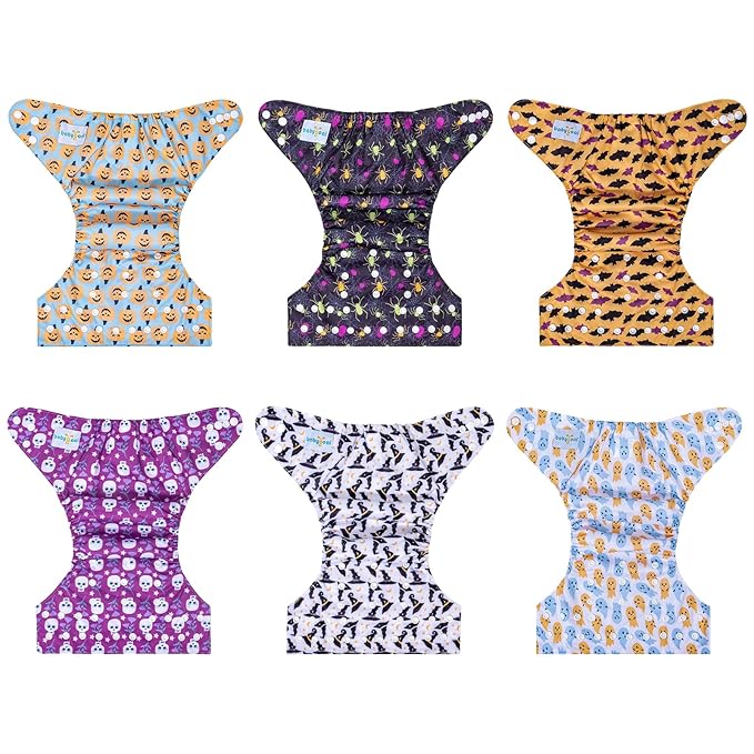 Babygoal Halloween Cloth Diapers 6 Pack with 10 Inserts, Baby Reusable Adjustable Washable One Size Pocket Nappy Covers 6FN35