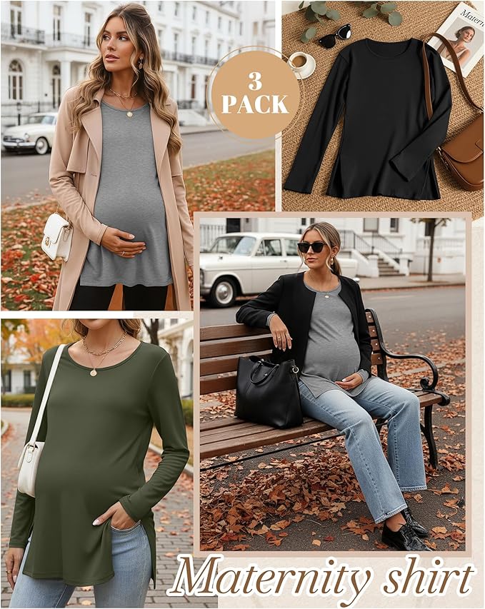 Riyiper 3 Pack Women's Maternity Long Sleeve T-Shirts Round Neck Side Split Tops Loose Casual Pregnancy Mama Clothes Fall