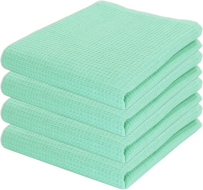 PurpleEssences Waffle Weave Kitchen Towel, 100% Cotton - 15 x 25 Inches, with Hanging Loop Ultra Soft Absorbent Quick Drying Dish Cloth, Tea and Hand Towels, 4 Pack - Fall Thanksgiving - Turquoise