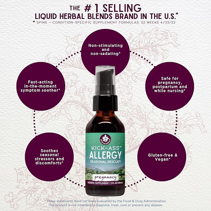 WishGarden Herbs Kick-Ass Allergy for Pregnancy - Plant-Based Herbal Allergy Supplement w/Nettle Leaf, Echinacea & Yerba Santa, Safely Supports Healthy Histamine Response to Seasonal Irritants, 4oz