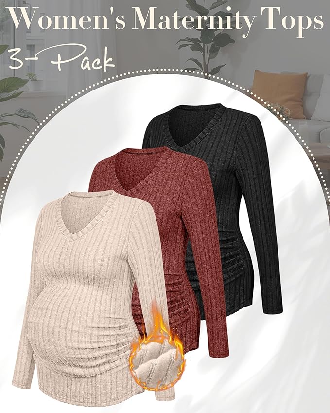 Ficerd 3 Pack Women's Maternity Shirts Ribbed Long Sleeve Pregnancy Tops V Neck Knit Side Ruched Pregnant Clothes Sweater