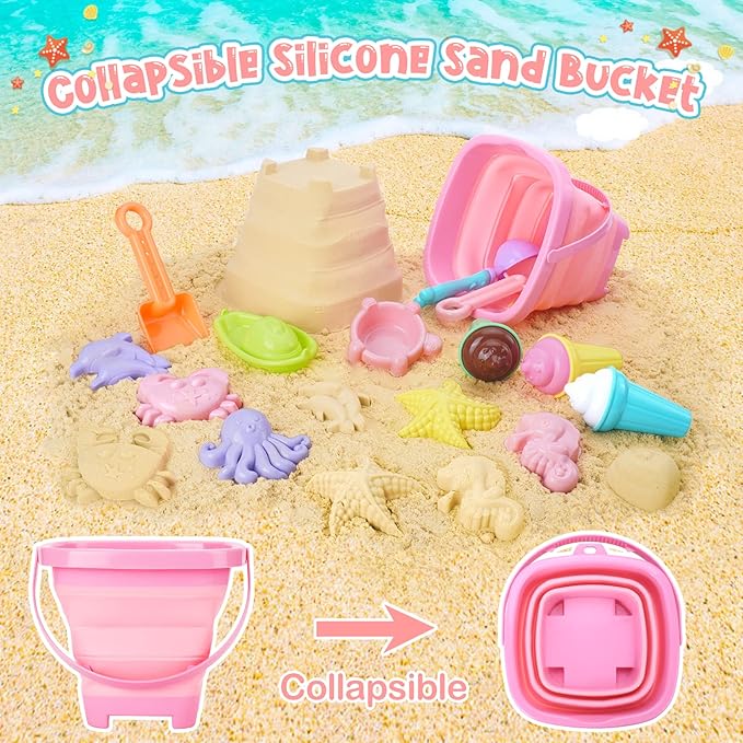 Beach Toys, Ice Cream Sand Toys for Toddlers, with Collapsible Bucket and Shovels for Kids with Bag, Travel Toys for Boys Baby Girls Age 3 4 5 6 7 8+
