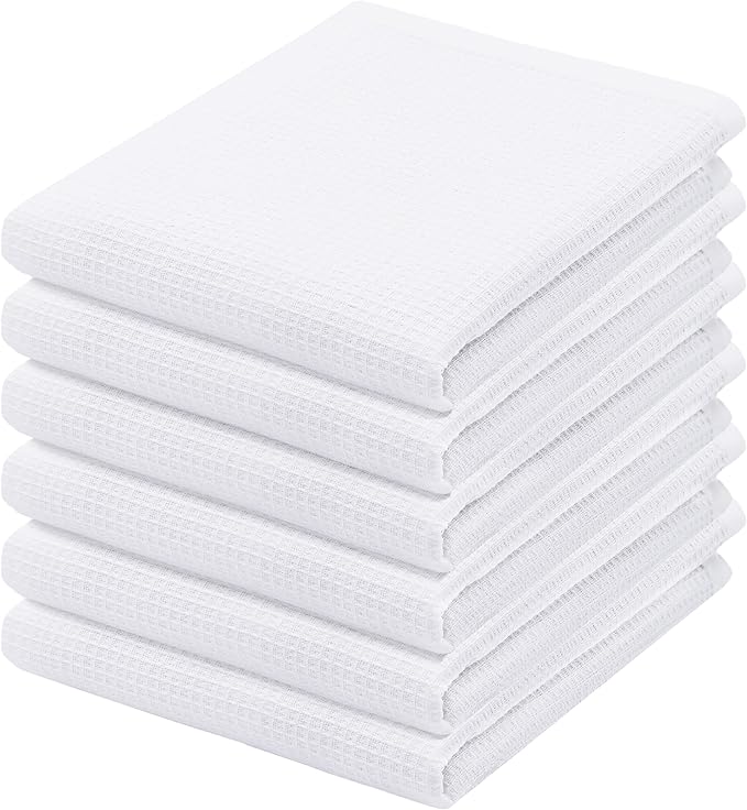 PurpleEssences Waffle Weave Kitchen Towel, 100% Cotton - 15 x 25 Inches, with Hanging Loop Ultra Soft Absorbent Quick Drying Dish Cloth, Tea and Hand Towels, 6 Pack - Fall Thanksgiving - White