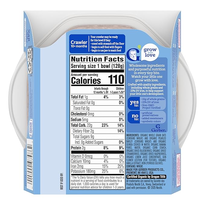 Gerber Stage 3 Baby Food, Organic Morning Bowl, Oats Barley & Quinoa, Baby Oatmeal, 8PK