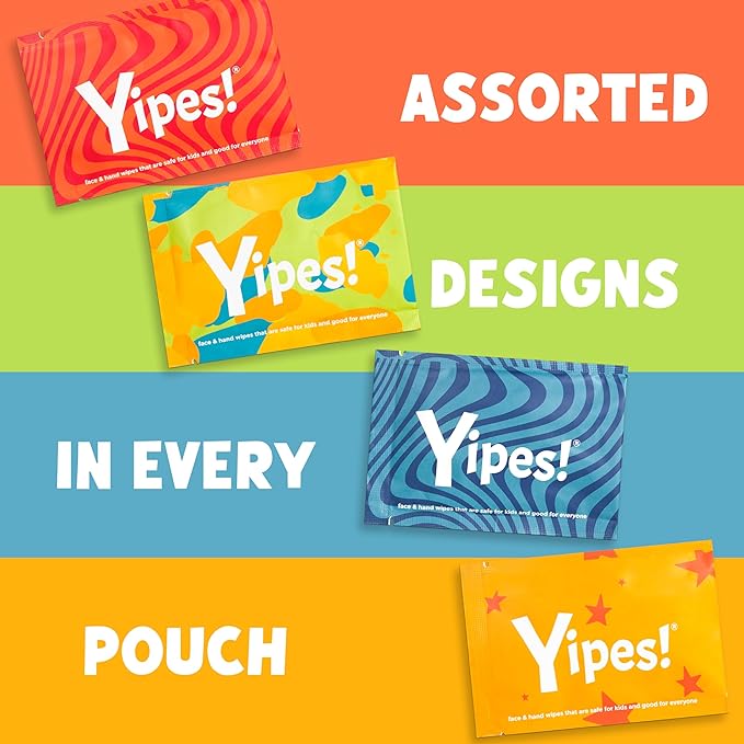 Yipes! Kids Face and Hand Wipes | Compostable Wet Wipes for Sensitive Skin | Individually Wrapped | Classroom Must Haves | Travel Essentials | For Backpacks, Lunchboxes, Classroom Supplies | 2 pack