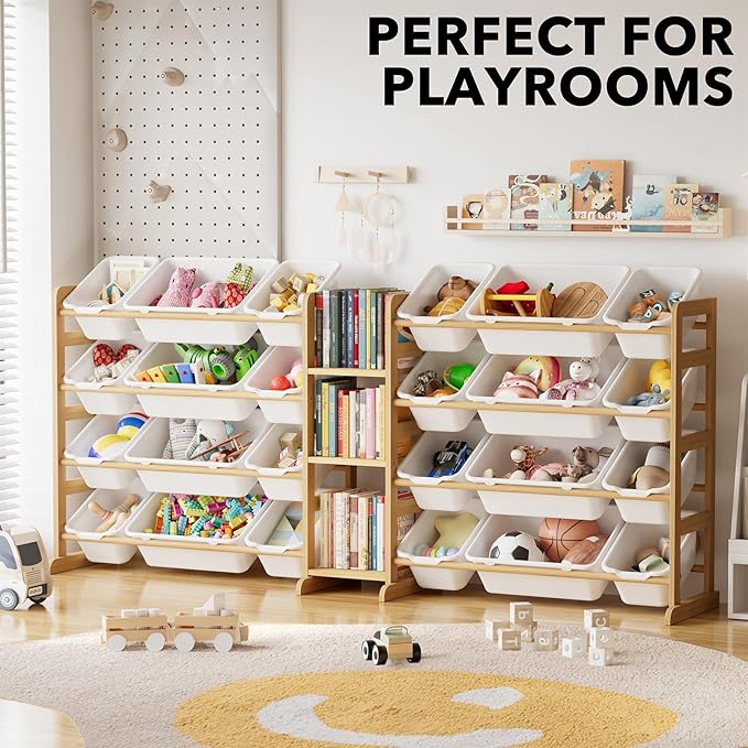 SpaceAid Large Toy Storage Organizer with 24 Bins and 3 Shelves, Toy Organizers Storage Bookshelf, Kids Bin Shelf Box Bookcase for Bedroom Playroom Organization Room Decor, White
