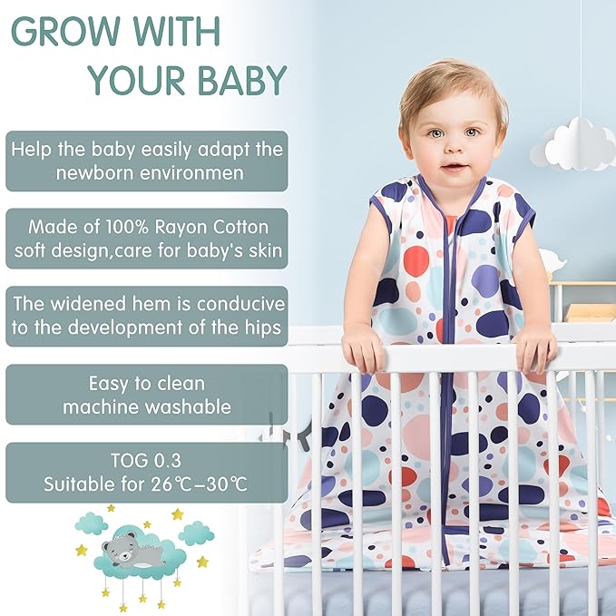 Baby Sleep Sack 0-6 Months 3 Pack Baby Wearable Blanket 100% Rayon Cotton 2-Way Zipper Toddler Sleeping Sack .Comfy Soft Lightweight TOG 0.3 (Rabbit&Rocks&Green, 0-6 Months)