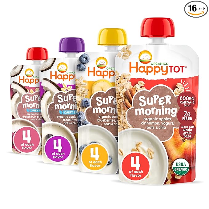 Happy Tot Organics Stage 4 Baby Food Pouches, Gluten Free, Super Morning Fruit & Oat Variety Pack Blend 4 Oz (Pack of 16), Amazon Exclusive