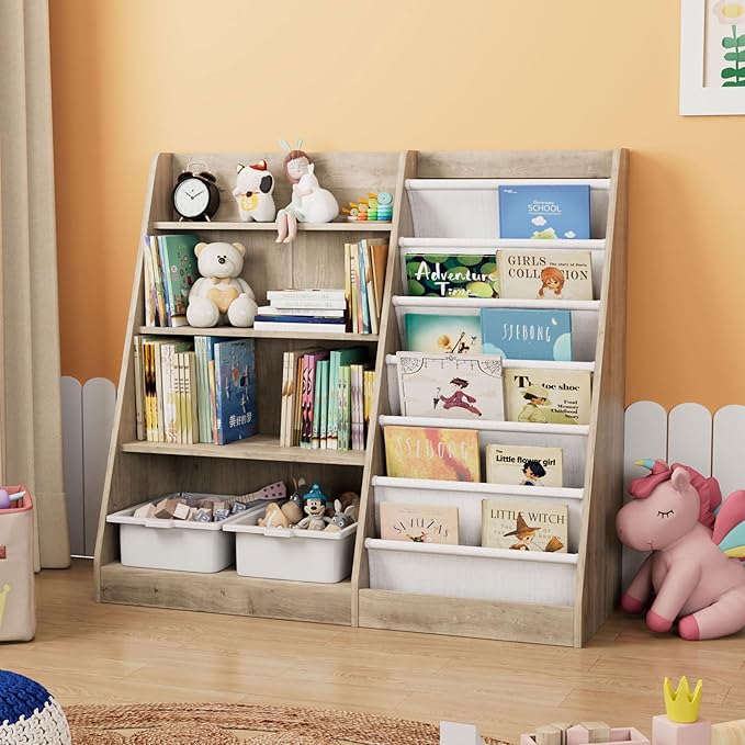 Kids Bookshelf Wood Toy Storage Organizer Cabinet Children Bookcase Toddler Baby Sling Book Rack Adjustable Shelf for Playroom Bedroom Nursery Hallway School Kindergarten