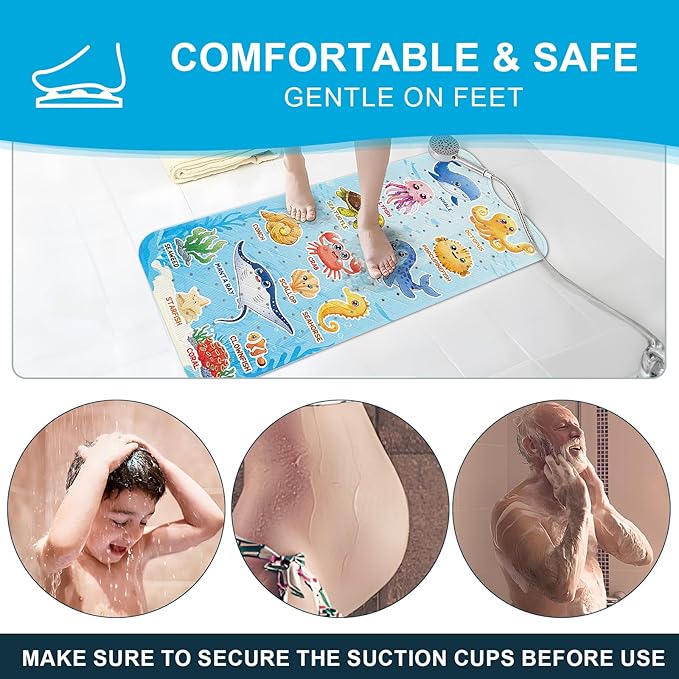 XIYUNTE Baby Bath Mat for Tub Non Slip Kids Bath Mat - 40"x16" Extra Long Bathtub Mat Non Slip Kids, Eco-Friendly Toddler Bath Mats with Suction Cups for Secure Grip, Easy to Clean & Easy Drying