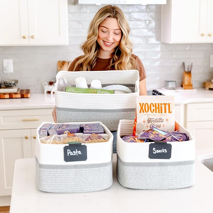 NaturalCozy Storage Baskets 16.8”x13”x7.6” Cotton Rope Woven Baskets for Organizing 3-Pack | Toy Storage Bins | Basket for Shelves, Laundry, Blanket, Clothes, Closet, Kitchen, Bathroom, Gifts