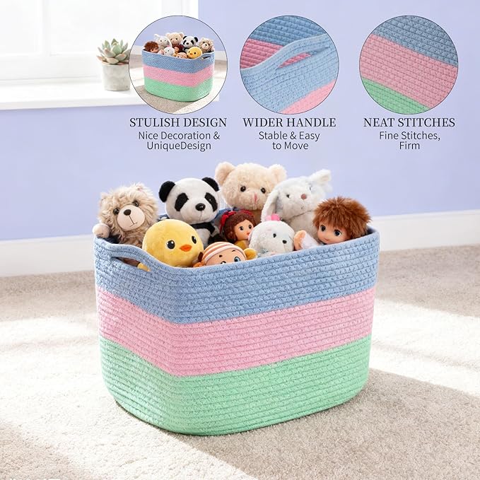 Hopegiver 3 Pack Storage Baskets for Organizing with Handle, Woven Baskets for Shelves - Durable Gift Basket for Cloth Toys Books Baby, Cotton Rope Basket for Dog Cat, 15x11x10 Inch(Blue&Pink&Green)