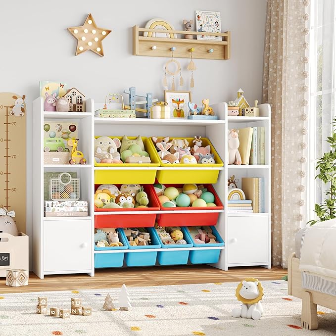 FOTOSOK 55''Large Toy Storage Organizer with 8 Toy Bins, Toy Organizers and Storage with Shelf and 6 Storage Cubbies, Bookshelf, Playroom Organization and Storage Bins, White/Red