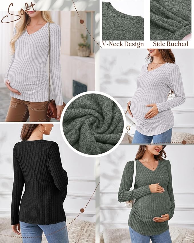 Ficerd 3 Pack Women's Maternity Shirts Ribbed Long Sleeve Pregnancy Tops V Neck Knit Side Ruched Pregnant Clothes Sweater