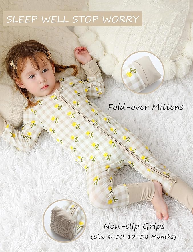 JunNeng Baby Girl Viscose from Bamboo Sleeper with Mitten Cuffs, 2 Way Zipper Romper, Sleep N' Play Pajamas 0-18 Months
