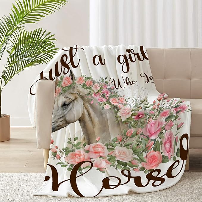 Just A Girl Who Loves Horses Blanket for Teen Flowers Animals Throw Blanket Gifts for Girls Boys Soft Throws Blankets All Seasons 50×60 Inches for Bed Office