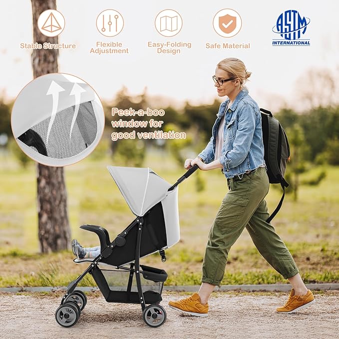HONEY JOY Lightweight Stroller, Compact Travel Stroller for Airplane, Toddler Fold Pushchair w/Adjustable Canopy & Backrest, Storage Basket, Umbrella Stroller for Infants (Gray)