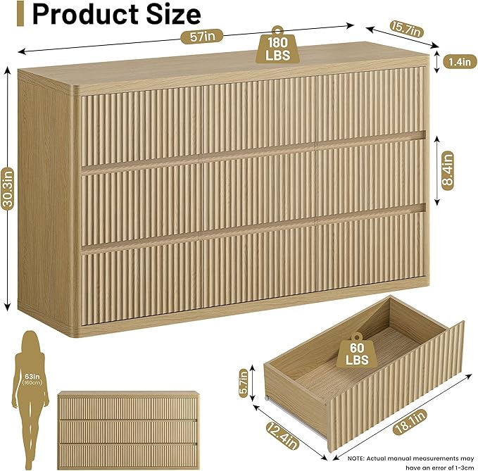 Fluted 9 Drawers Dresser, 57" Wide Dresser for Bedroom, Modern Chest of Drawers with Curved Profile, Handleless, Wood Large Dressers TV Stand with Organizer Storage, Living Room, Natural