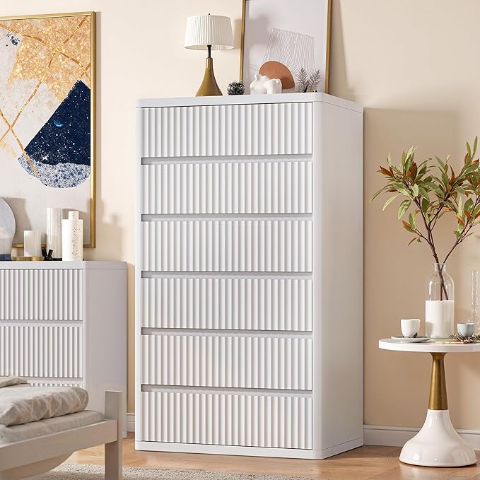 56" Tall Dresser for Bedroom, White Fluted Dresser with 6 Deep Drawers, Modern Chest of Drawers with Curved Profile, Handleless, Wooden Drawer Organizer for Living Room, Hallway, Closet