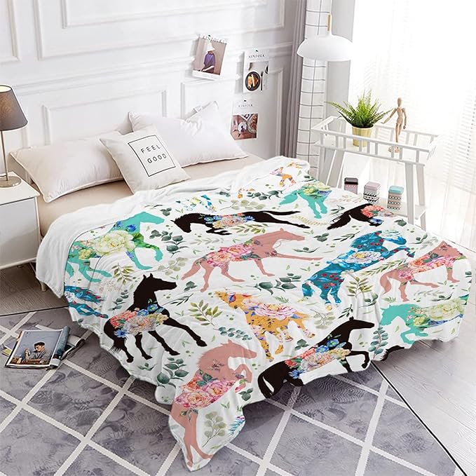 Colorful Floral Horse Blanket for Boys Girls, Flowers Animals Kids Throw Blanket Gift for Child, Fluffy Cozy Soft Lightweight Blankets for Bed Office, 40x50 Inches