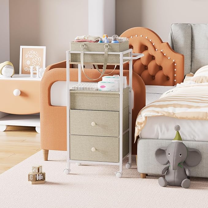 Baby Diaper Caddy Organizer Cart with Drawers - 3In1 Rolling Storage Cart with Wheels, Removable Diaper Caddy, Detachable Dividers - for Crib, Bedroom, Art & Craft Organizer (Off White)