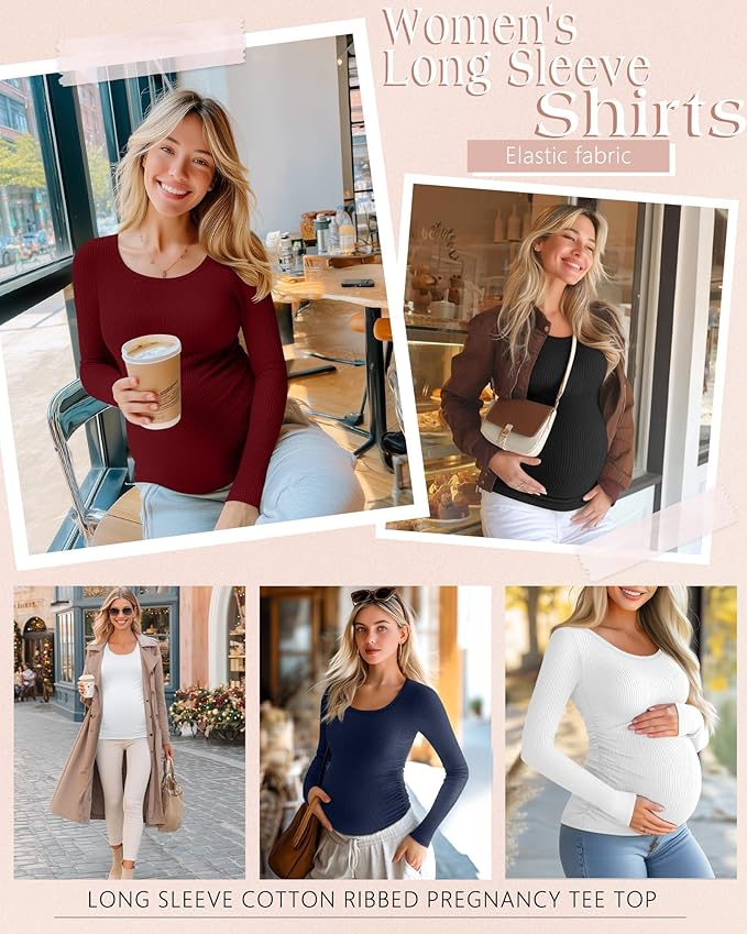 Riyiper 4 Pack Women's Maternity Shirts, Long Sleeve Cotton Ribbed Pregnancy Tee Top Crewneck Side Ruched Casual Mama Clothes
