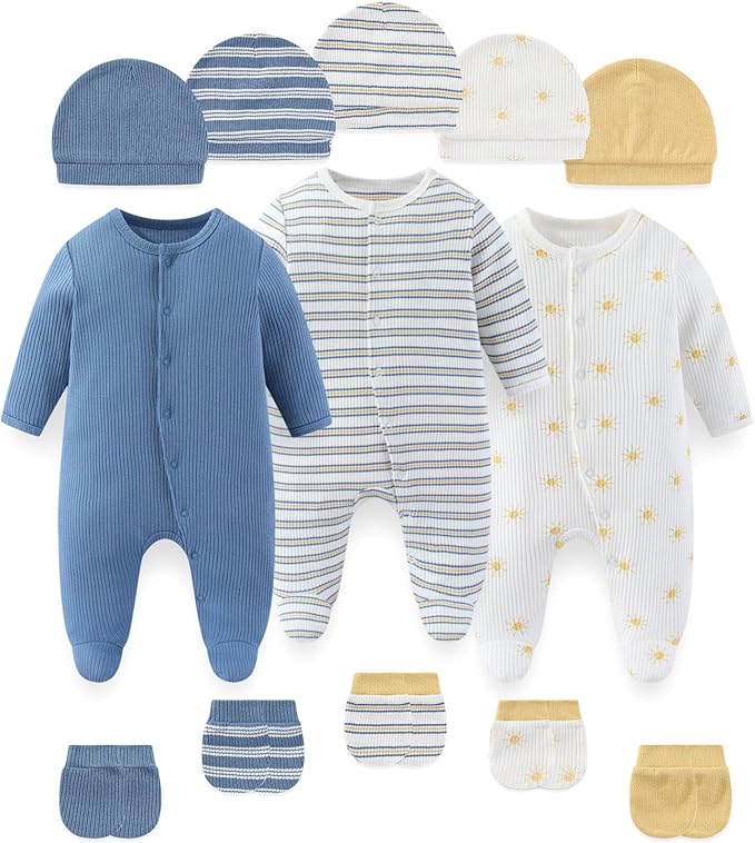 Fashion Baby Boy Girl Clothing Set Cotton Soft 3-Piece Long Sleeve Button Rompers 5-Pack Hats&Gloves Infant Clothes