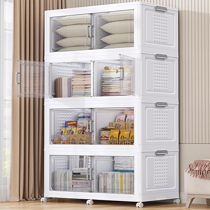 BROVIEW 800Qt Plastic Storage Bins with Lid and Wheels, 4Pack Extra Large Stackable Storage Bins with Dividers,Closet Organizers and Storage Cabinet Collapsible Box Shelves for Home Kitchen,White