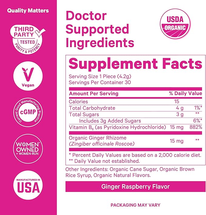 Pink Stork Organic Ginger Raspberry Sweets with Vitamin B6 for Morning Sickness and Motion Sickness, Added Ginger & Vitamin B6, 1st Trimester Pregnancy Must Haves - 30 Wrapped Candies