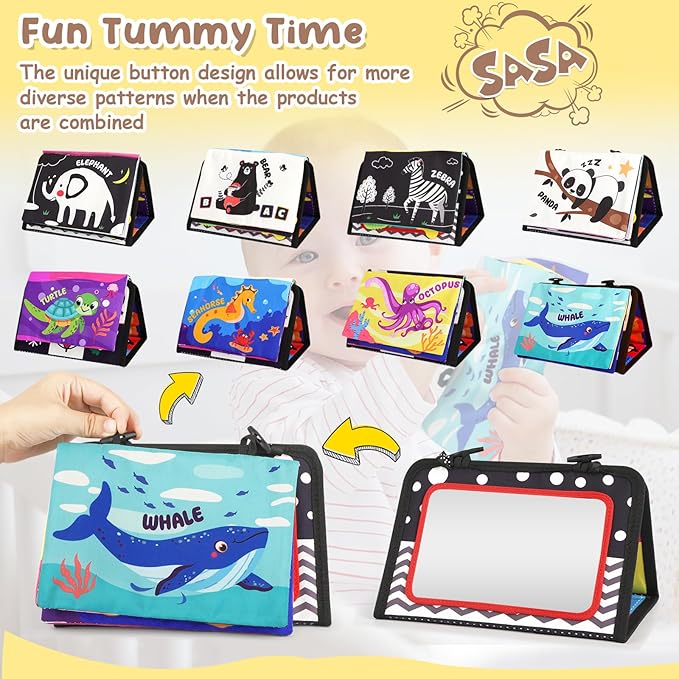 URMYWO Tummy Time Toy - Black and White High Contrast Baby Toys for Newborn - Baby Visual Stimulation Mirror - Montessori Sensory Crinkle Toy for Infant 0-3-6-12 Months - Shower Gift for Boy Girl
