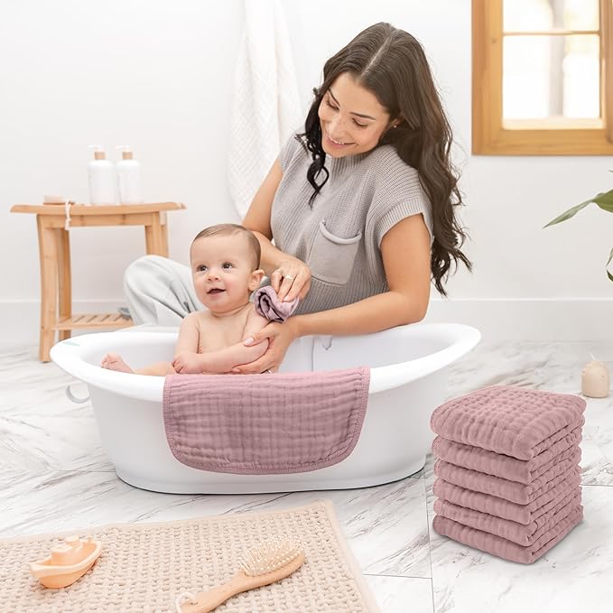 Comfy Cubs Muslin Baby Washcloths 10 Pack - Soft 6-Layer Cotton Wash Cloths for Sensitive Skin - 10"x10" Large, Gentle, Absorbent Infant Essentials for Newborn and Toddlers - Mauve