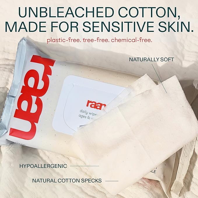 Raan, 100% Cotton Baby & Toddler Wipes, Unbleached, 99% Purified Water, Unscented, EWG verified, Made for Sensitive Skin, Extra Soft and Durable, 12 pack, 720 Count