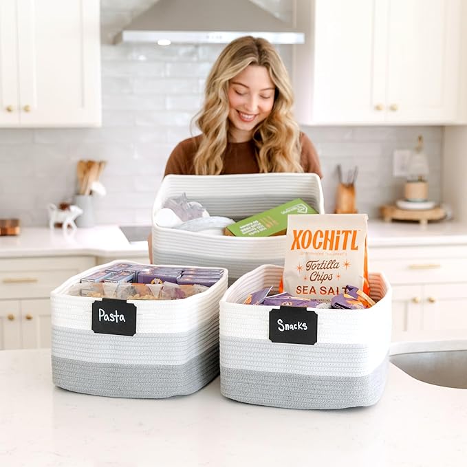 NaturalCozy Storage Baskets 16.8”x13”x7.6” Cotton Rope Woven Baskets for Organizing 3-Pack | Toy Storage Bins | Basket for Shelves, Laundry, Blanket, Clothes, Closet, Kitchen, Bathroom, Gifts