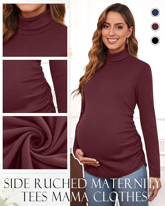 Ficerd 3 Pack Women's Maternity Shirts, Turtleneck Long Sleeve Pregnancy Tops Casual Side Ruched Maternity Tees Mama Clothes