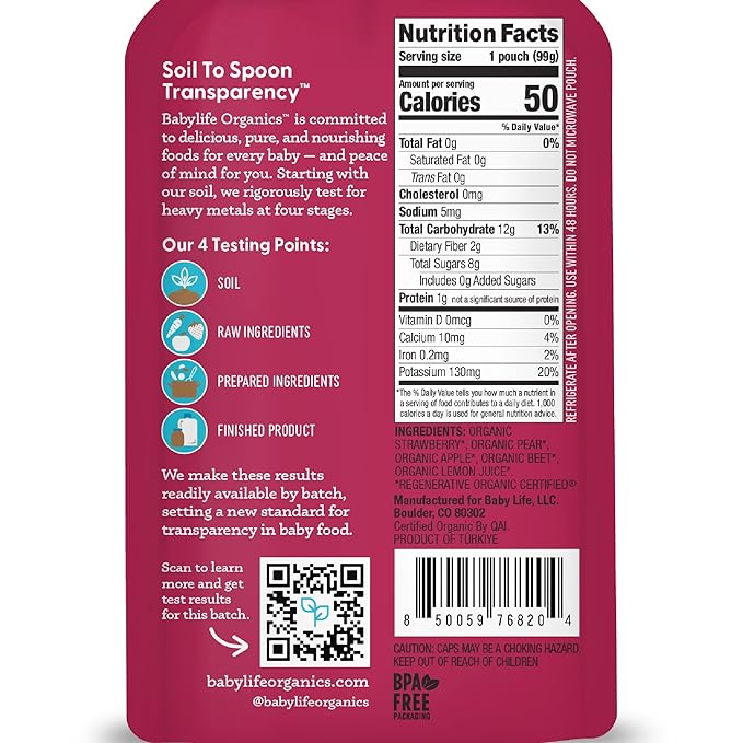 Babylife Organics Stage 2 - Strawberry, Pear, Apple & Beet, 3.5 Ounce Pouch (6 Pack) - Heavy Metal Safe, Organic Baby Food
