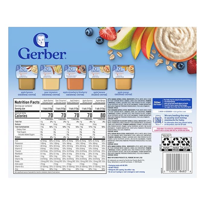 Gerber Stage 2 Baby Food, Baby Fruit And Cereal Tubs Variety Pack, Iron Helps Support Brain Development, No Artificial Flavors, Baby Cereal, 32-Pack