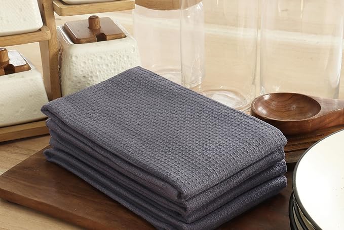 PurpleEssences Waffle Weave Kitchen Towel, 100% Cotton - 15 x 25 Inches, with Hanging Loop Ultra Soft Absorbent Quick Drying Dish Cloth, Tea and Hand Towels, 4 Pack - Fall Thanksgiving - Dark Grey