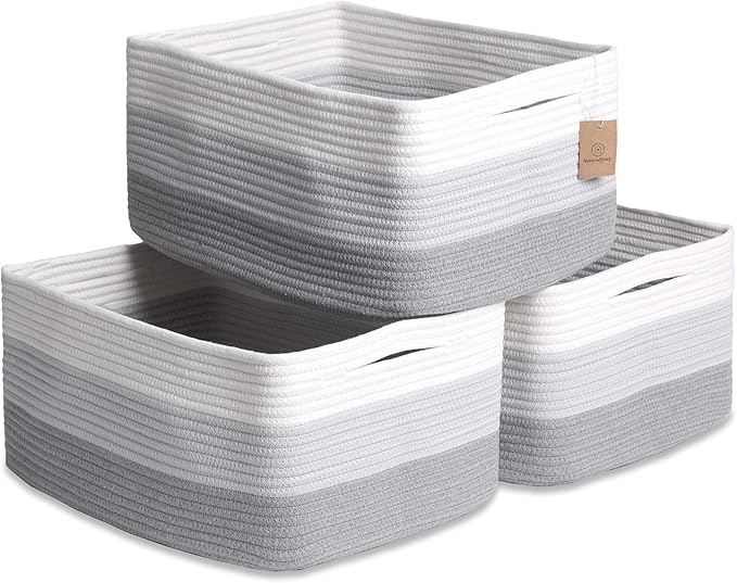 NaturalCozy Storage Baskets 16.8”x13”x7.6” Cotton Rope Woven Baskets for Organizing 3-Pack | Toy Storage Bins | Basket for Shelves, Laundry, Blanket, Clothes, Closet, Kitchen, Bathroom, Gifts