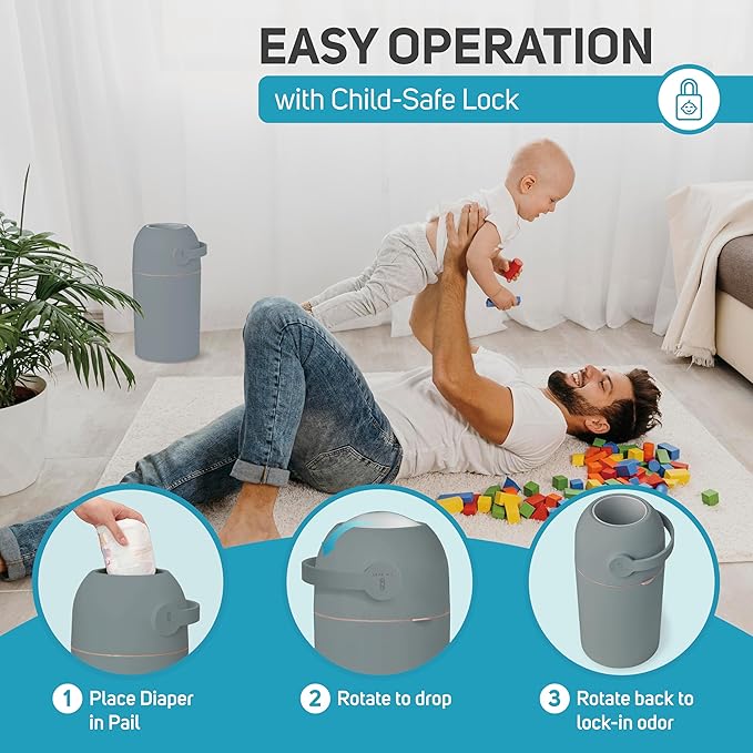 L.A. BABY Magic Diaper Pail - Patented 100% Odor-Free System with Child-Safe Lock - Award-Winning Design - No Refills Required - Works with Regular Trash Bags - Green