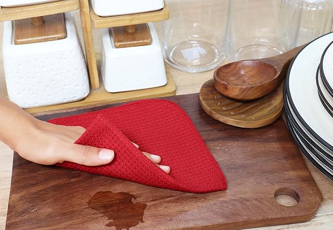 PurpleEssences Dish Cloths and Dish Rags - 6 Pack Waffle Weave Solid Kitchen Dish Wash Cloths, 100% Cotton, 12 x 12 Inches, Ultra Soft Absorbent Quick Drying - Fall Thanksgiving - Red