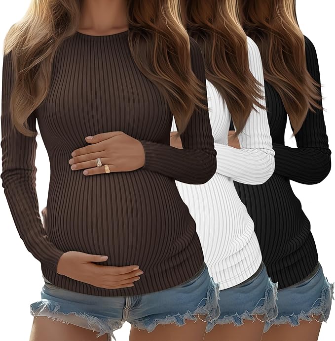 Riyiper 3 Pack Women's Maternity Shirts Long Sleeve Ribbed Knit Pregnancy Tees Cotton Crewneck Tunic Clothes Casual Fall Tops