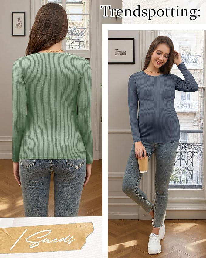Riyiper 3 Pack Women's Maternity Shirts Long Sleeve Ribbed Knit Pregnancy Tees Cotton Crewneck Tunic Clothes Casual Fall Tops