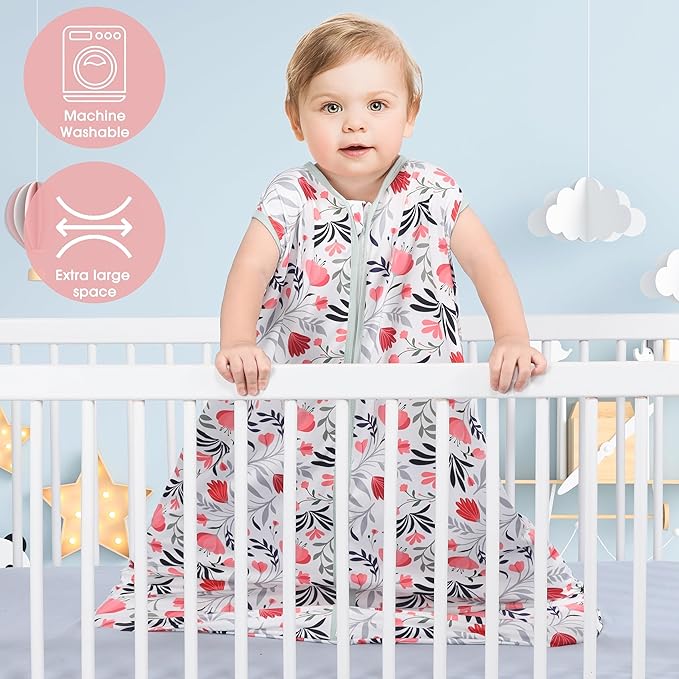Baby Sleep Sack 12-18 Months 3 Pack Baby Wearable Blanket 100% Rayon Cotton 2-Way Zipper Toddler Sleeping Sack .Comfy Soft Lightweight TOG 0.3 (Banana&Flower&Pink,)