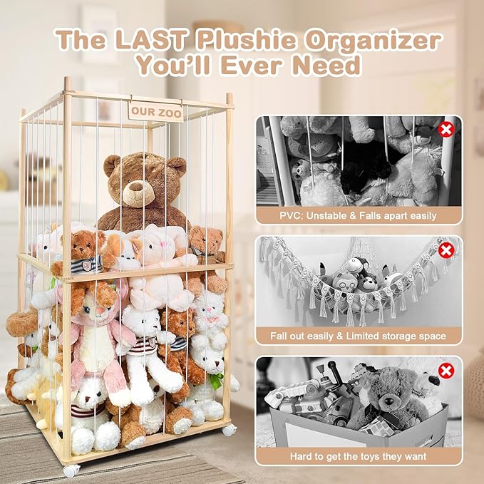 Stuffed Animal Zoo Storage Cage Wooden, Space Save Toy Organizer, Extra Large Capacity Plush Toy Cage,Stuffed Animal Holder, Perfect for Gift for Nursery PlayRoom Bedroom KidRoom Chirstmas Gift