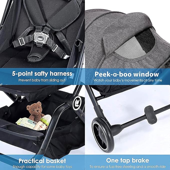 Lightweight Baby Stroller, Compact Travel Stroller with Retractable Foot Cover & Sleep Shade, One Hand Easy Foldable Strollers, Adjustable Reclining Seat for 0-36 Months