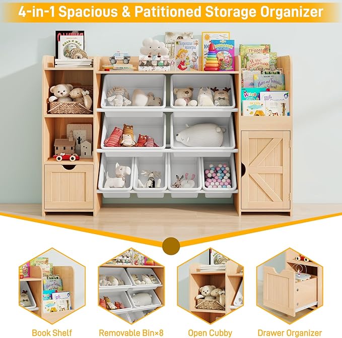 Vabches 55" Large Kids Toy Organizer with 8 Toy Storage Tubs, Storage Boxes and Storage Racks, Tiered Bookshelf and 7 Storage Cubbies, Kids Bookshelf, Playroom Storage and Storage Boxes(Oak)