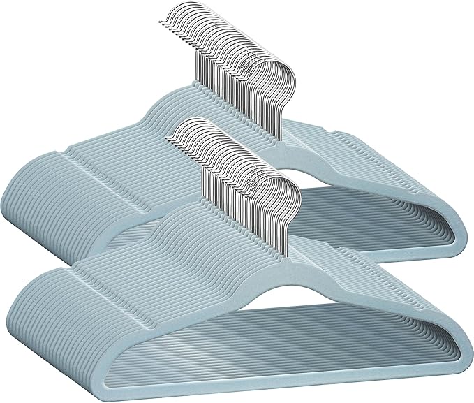 50 Premium Kids Velvet Hangers - 14" Non-Slip Ultra Slim Space-Saving Clothes Hangers with 360° Swivel Hook - Strong & Durable Hangers for Children & Preteens Wardrobe - Blue