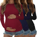 Riyiper 3 Pack Women's Maternity Shirts Long Sleeve Ribbed Knit Pregnancy Tees Cotton Crewneck Tunic Clothes Casual Fall Tops